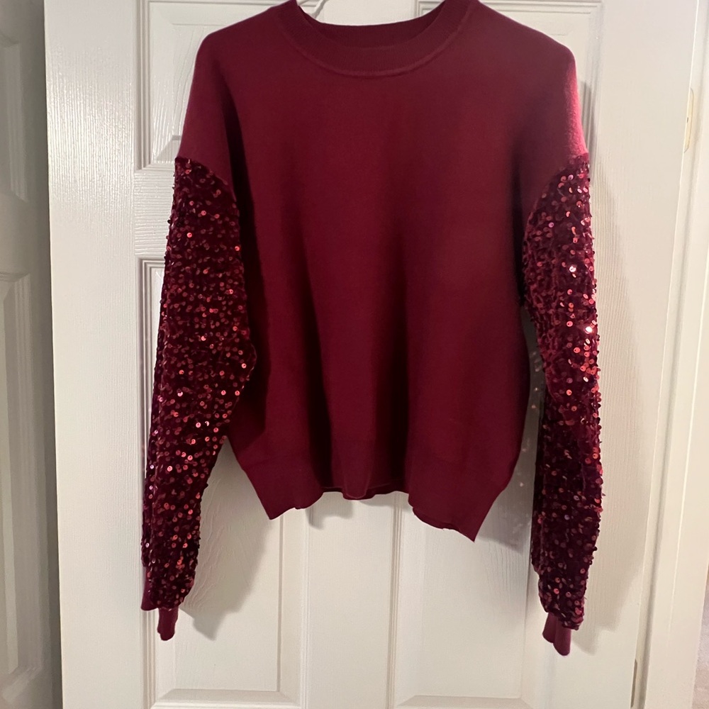 Vici Burgundy Sweater with Sequin Sleeves